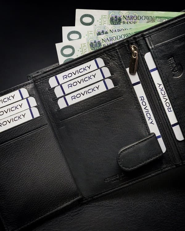 Skládací, vertikální pánská peněženka s kapsou na zip, přírodní kůže - Rovicky