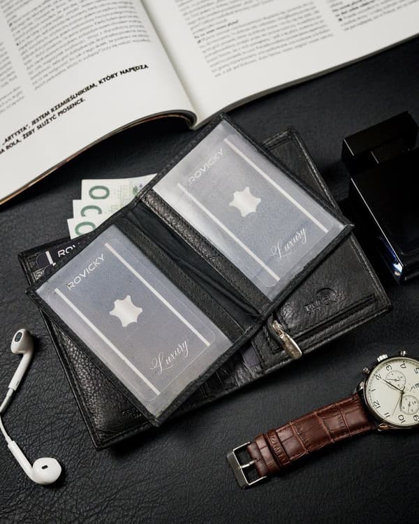 Úhledná pánská peněženka z přírodní kůže, černá, ochrana RFID - Rovicky