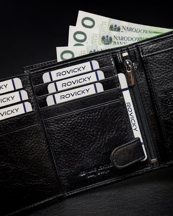 Klasická, vertikální pánská peněženka na zip z přírodní kůže s technologií RFID - Rovicky