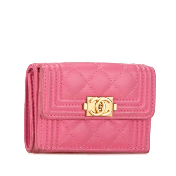 Pre-owned Chanel Lambskin Boy Flap Compact Wallet Pink