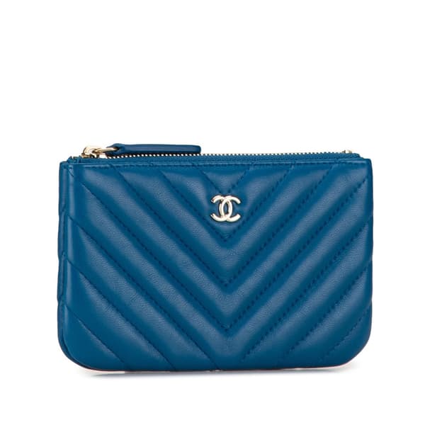 Pre-owned Chanel Chevron Lambskin O Case Pouch Blue