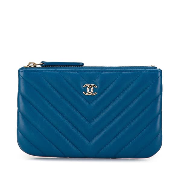 Pre-owned Chanel Chevron Lambskin O Case Pouch Blue