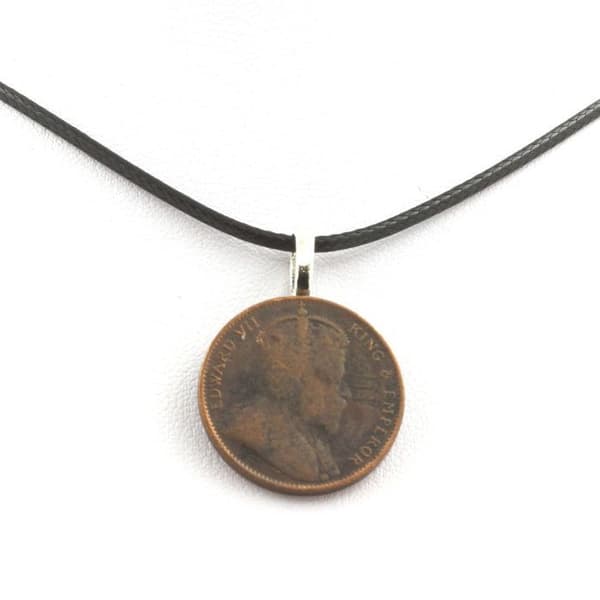 Collier - Stenar och Mineraler - Mynt Sri Lanka 1 cent - Svart läderband - Äkta - Vintage