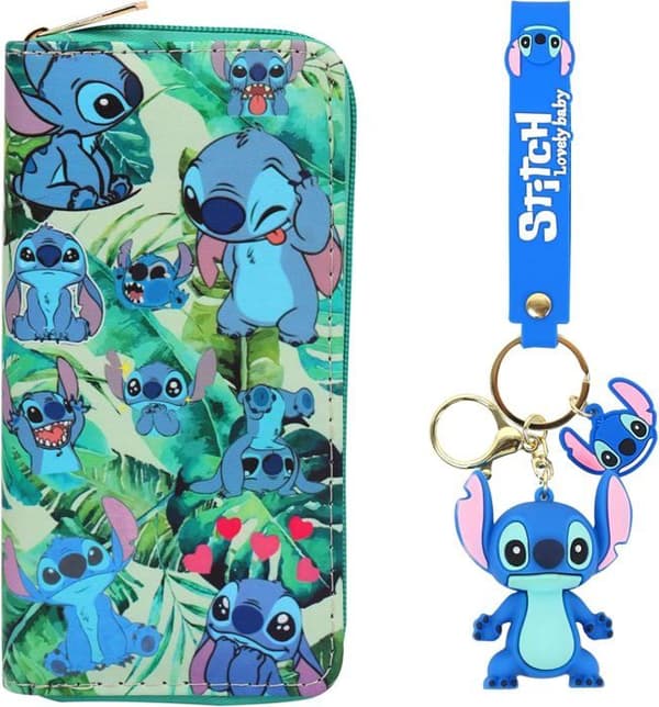 Stitch Plånbok med Stitch Nyckelring - Söt PU-plånbok - Tecknad design - Dragkedja