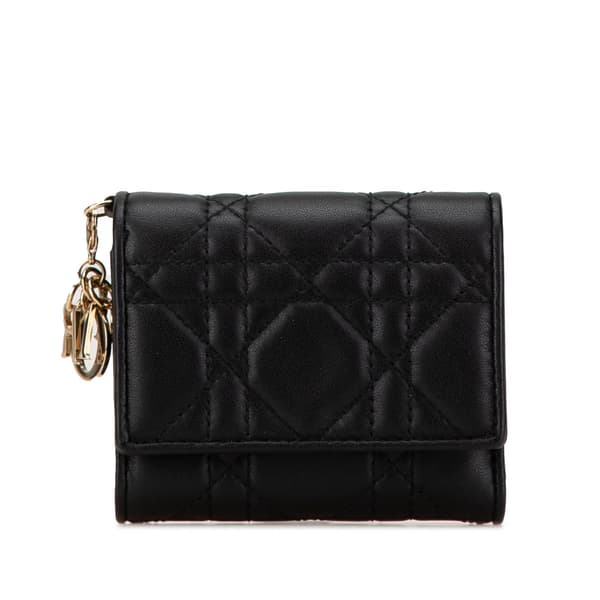 Pre-owned Dior Lambskin Cannage Lady Dior Lotus Wallet Black