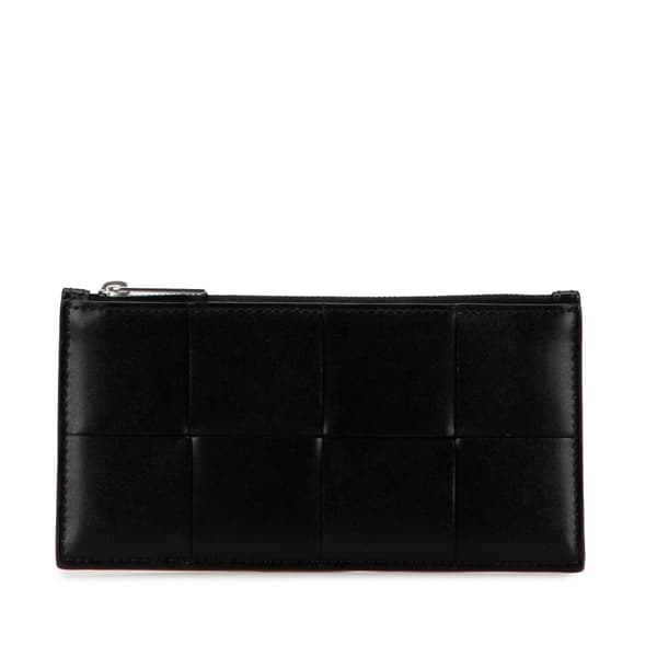 Pre-owned Bottega Veneta Intreccio Slim Cassette Zip Card Holder Black