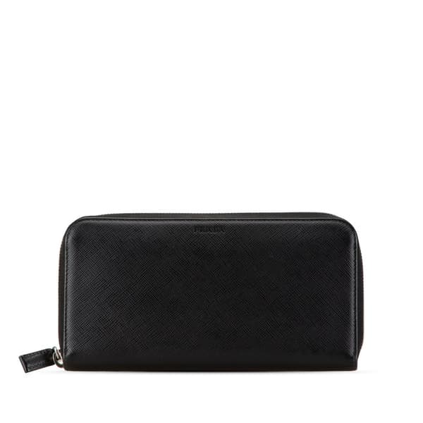 Pre-owned Prada Saffiano Zip Around Wallet Black