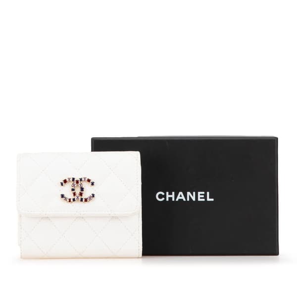 Pre-owned Chanel CC Quilted Caviar Crystal Trifold Wallet White