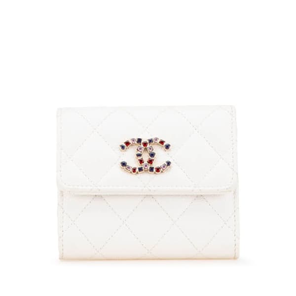 Pre-owned Chanel CC Quilted Caviar Crystal Trifold Wallet White