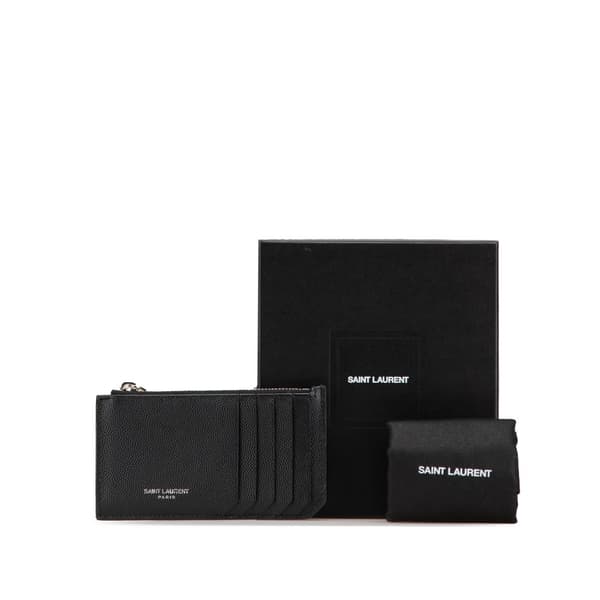 Pre-owned Saint Laurent Grain de Poudre Fragments Zipped Card Case Black