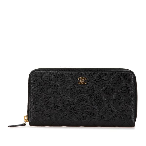 Pre-owned Chanel CC Quilted Caviar Zip Around Wallet Black
