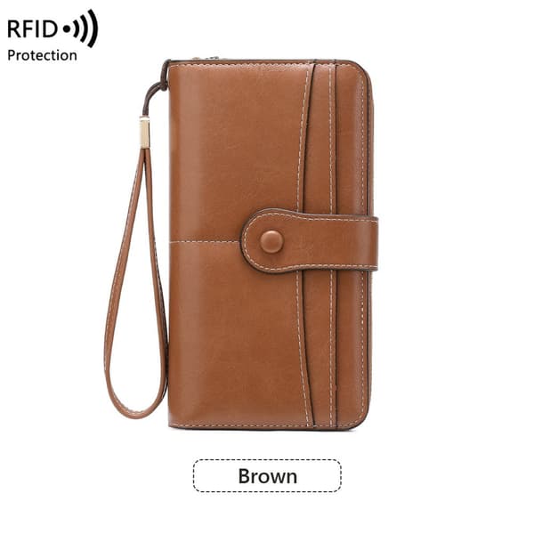 INF RFID-blokkerende lommebok for kvinner, romslig skinnveske med glidelås Brun