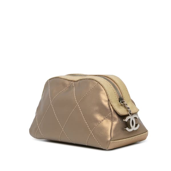 Pre-owned Chanel Paris Biarritz Quilted Metallic Coated Canvas Cosmetic Pouch Gold