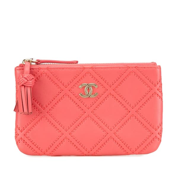 Pre-owned Chanel Mini Lambskin Double Stitch Tassel Pouch Pink