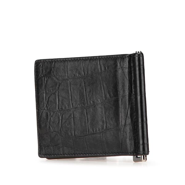 Pre-owned Saint Laurent Croc Embossed Leather Bifold Money Clip Black
