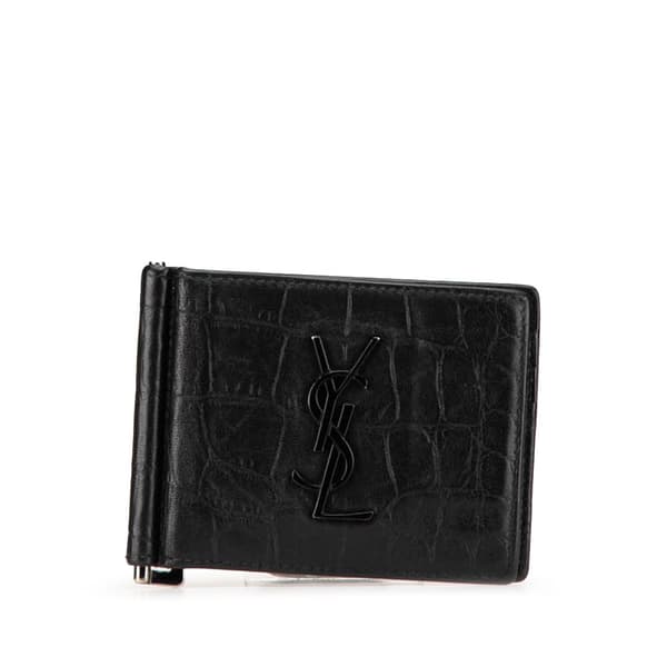 Pre-owned Saint Laurent Croc Embossed Leather Bifold Money Clip Black
