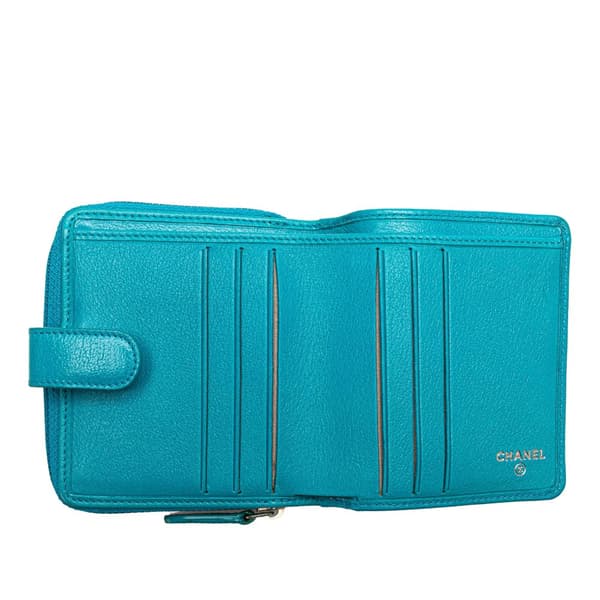Pre-owned Chanel CC Camellia Calfskin Zip Around Small Wallet Blue