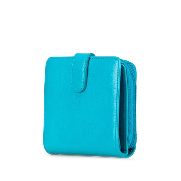 Pre-owned Chanel CC Camellia Calfskin Zip Around Small Wallet Blue