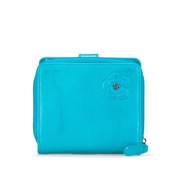 Pre-owned Chanel CC Camellia Calfskin Zip Around Small Wallet Blue