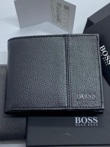BRAND NEW HUGO BOSS MEN TRAVELLER TRIFLD BLACK LEATHER WALLET WITH COIN POCKET