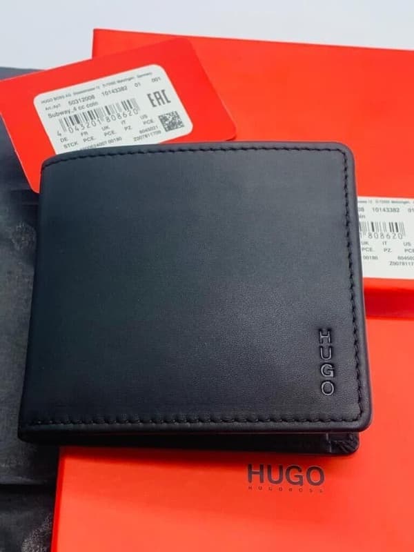 NEW MEN HUGO BY HUGO BOSS SUBWAY 4CC BIFOLD BLACK LEATHER WALLET COIN POCKET