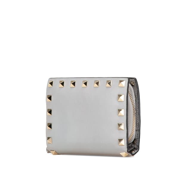 Pre-owned Valentino Leather Rockstud Compact Bifold Wallet Gray