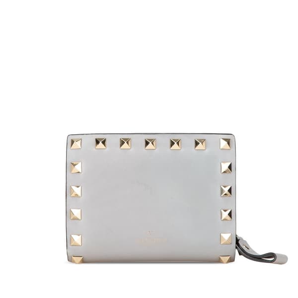 Pre-owned Valentino Leather Rockstud Compact Bifold Wallet Gray