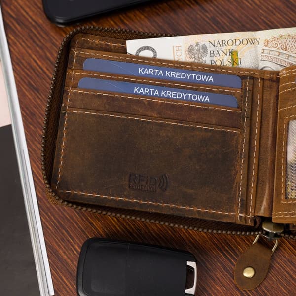 Läderplånbok stor horisontell RFiD nubuck brun blixtlås läder Beltimore