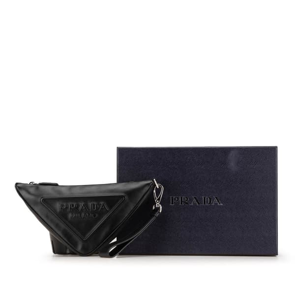 Pre-owned Prada Grace Lux Triangle Logo Embossed Triangle Wristlet Pouch Black