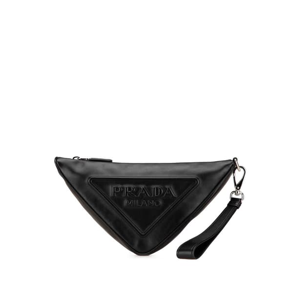 Pre-owned Prada Grace Lux Triangle Logo Embossed Triangle Wristlet Pouch Black