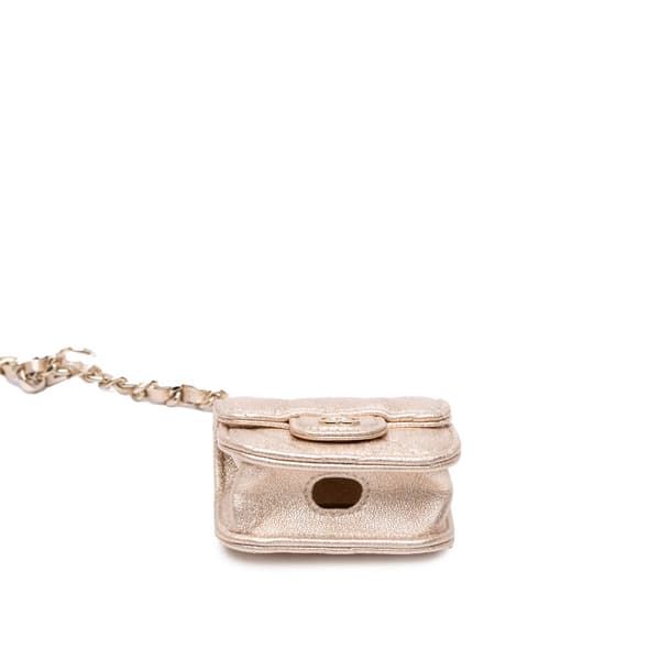 Pre-owned Chanel Metallic Lambskin Round Coin Purse and AirPods Case Gold