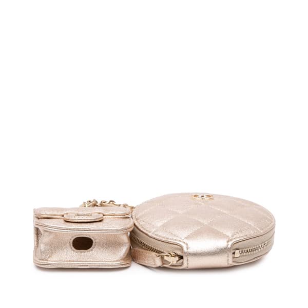 Pre-owned Chanel Metallic Lambskin Round Coin Purse and AirPods Case Gold