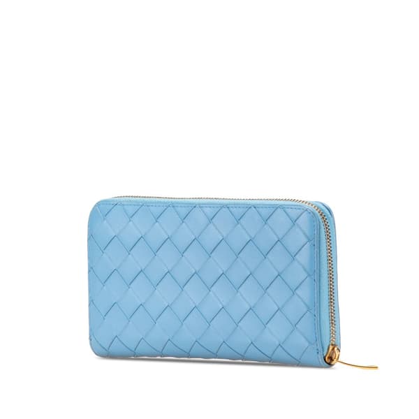 Pre-owned Bottega Veneta Nappa Intrecciato Zip Around Long Wallet Blue