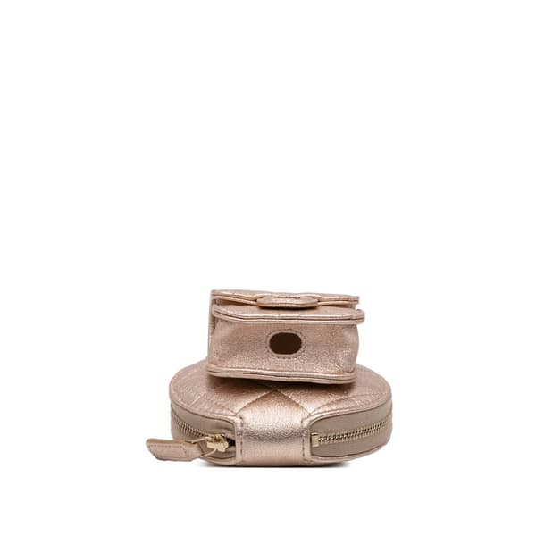 Pre-owned Chanel Metallic Lambskin Round Clip On Coin Purse and AirPods Case Gold