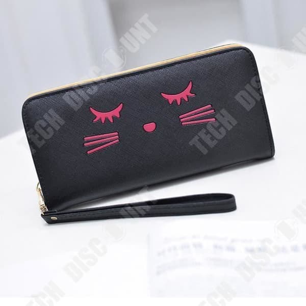 TD® Lång plånbok i svart PU-läder med abstrakt kattansiktsdesign med handtag, myntväska Korthållare