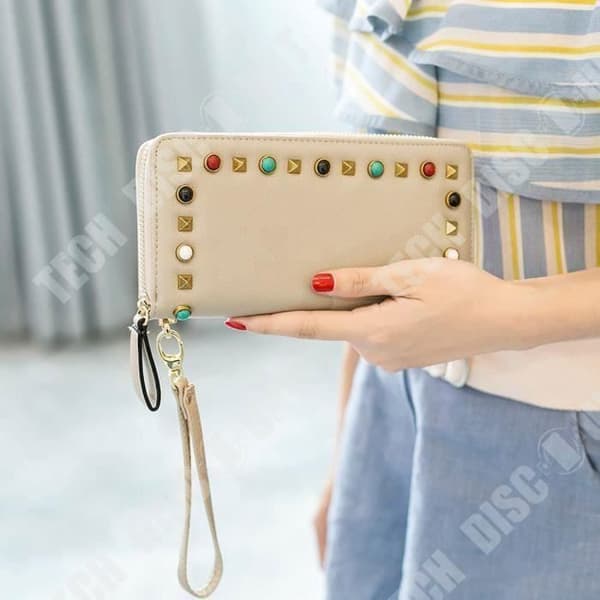 TD® Lång beige läderplånbok för kvinnor med stor kapacitet Multifunktionell dubbade färgglada spikar Motståndskraftig vattentät elegant