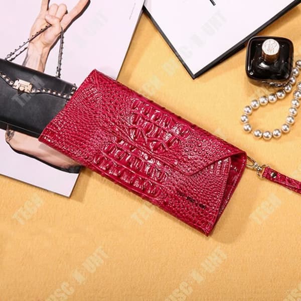 TD® Bright Red PU Läder Lång Plånbok Imitation Crocodile Skin Patent Lyx Clutch Myntväska Multifunktionskorthållare