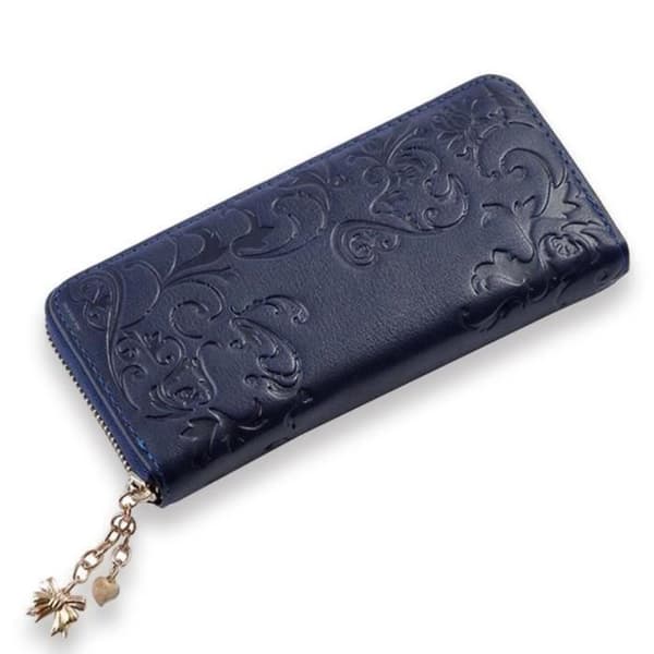 TD® PU-läderplånbok Färg Nattblå/ Kvinna 19 x 9 cm Dragkedja med gyllene hängen infällda blommönster