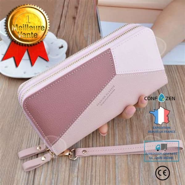 Plånbok - CONFO® - Dubbel dragkedja - PU-läder - Rosa - Långa sömmar