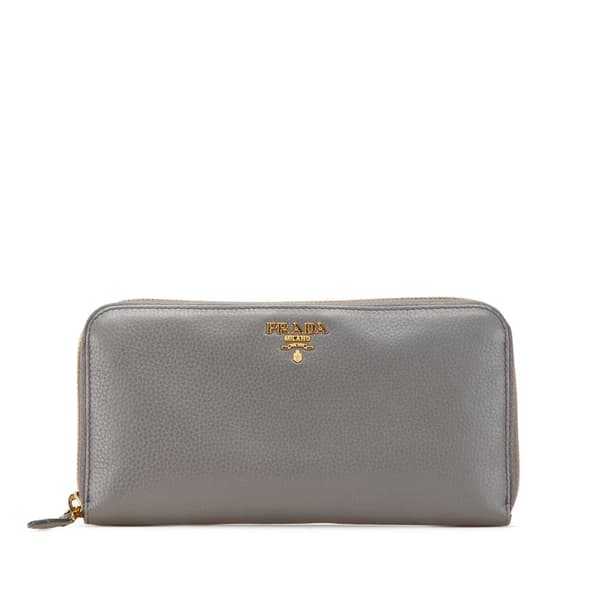 Pre-owned Prada Vitello Daino Zip Around Long Wallet Gray
