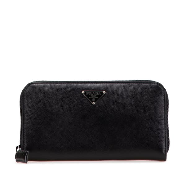 Pre-owned Prada Saffiano Zip Around Long Wallet Black