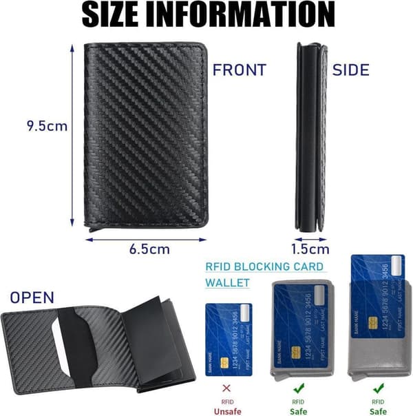 Ultra-tunn RFID-Skydd Plånbok Herr Karbonfiber Läder Pop-up Kortfack 9.5x6.5cm