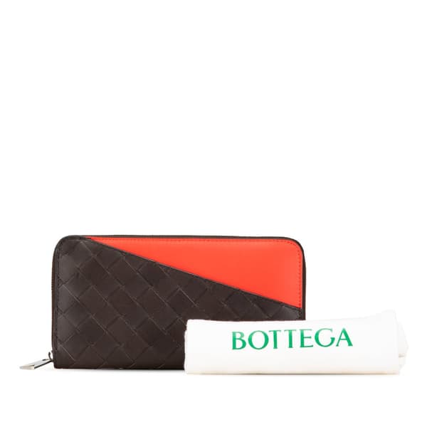 Pre-owned Bottega Veneta Leather Intrecciato Zip Around Long Wallet Brown