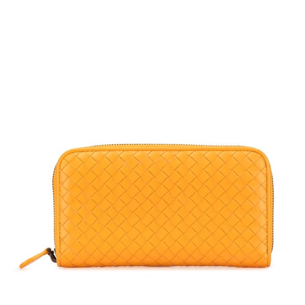 Pre-owned Bottega Veneta Leather Intrecciato Zip Around Wallet Orange