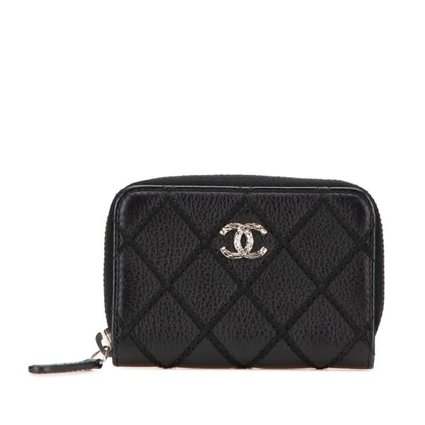Pre-owned Chanel CC Quilted Calfskin Wild Stitch Zip Coin Purse Black