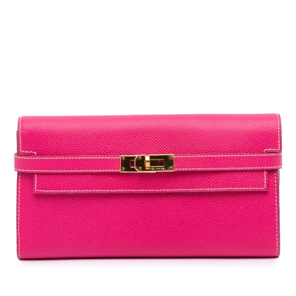 Pre-owned Hermès Epsom Kelly Longue Wallet Pink
