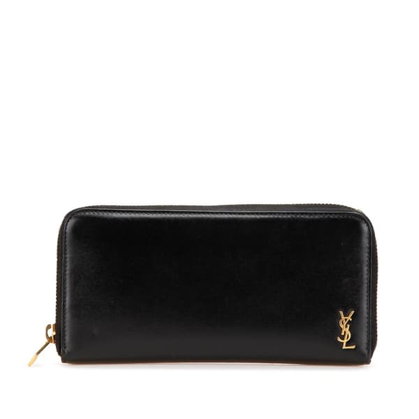 Pre-owned Saint Laurent Leather Tiny Cassandre Zip Around Long Wallet Black