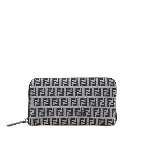 Pre-owned Fendi Zucchino Canvas Zip Around Long Wallet Gray