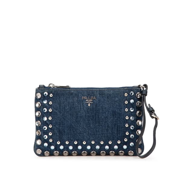Pre-owned Prada Denim Borchie Wristlet Pouch Blue
