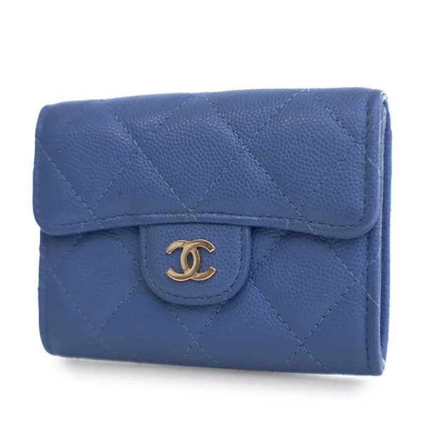Pre-owned Chanel CC Quilted Caviar Flap Card Holder Blue